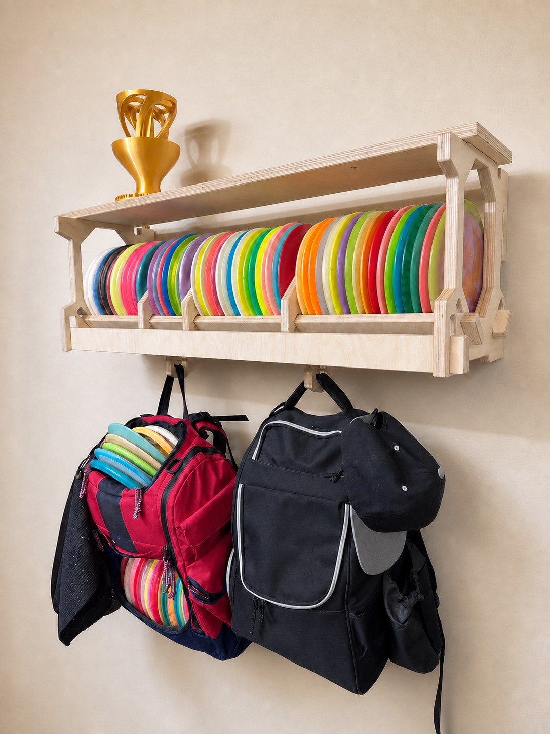 Wide Wall-Mounted Disc Golf Storage Rack with Shelf and Bag Hooks, Holds 50–60 Discs