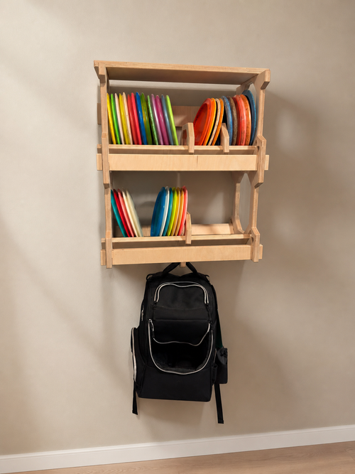 Slim Wall-Mounted Disc Golf Storage Rack with Shelf and Bag Hook