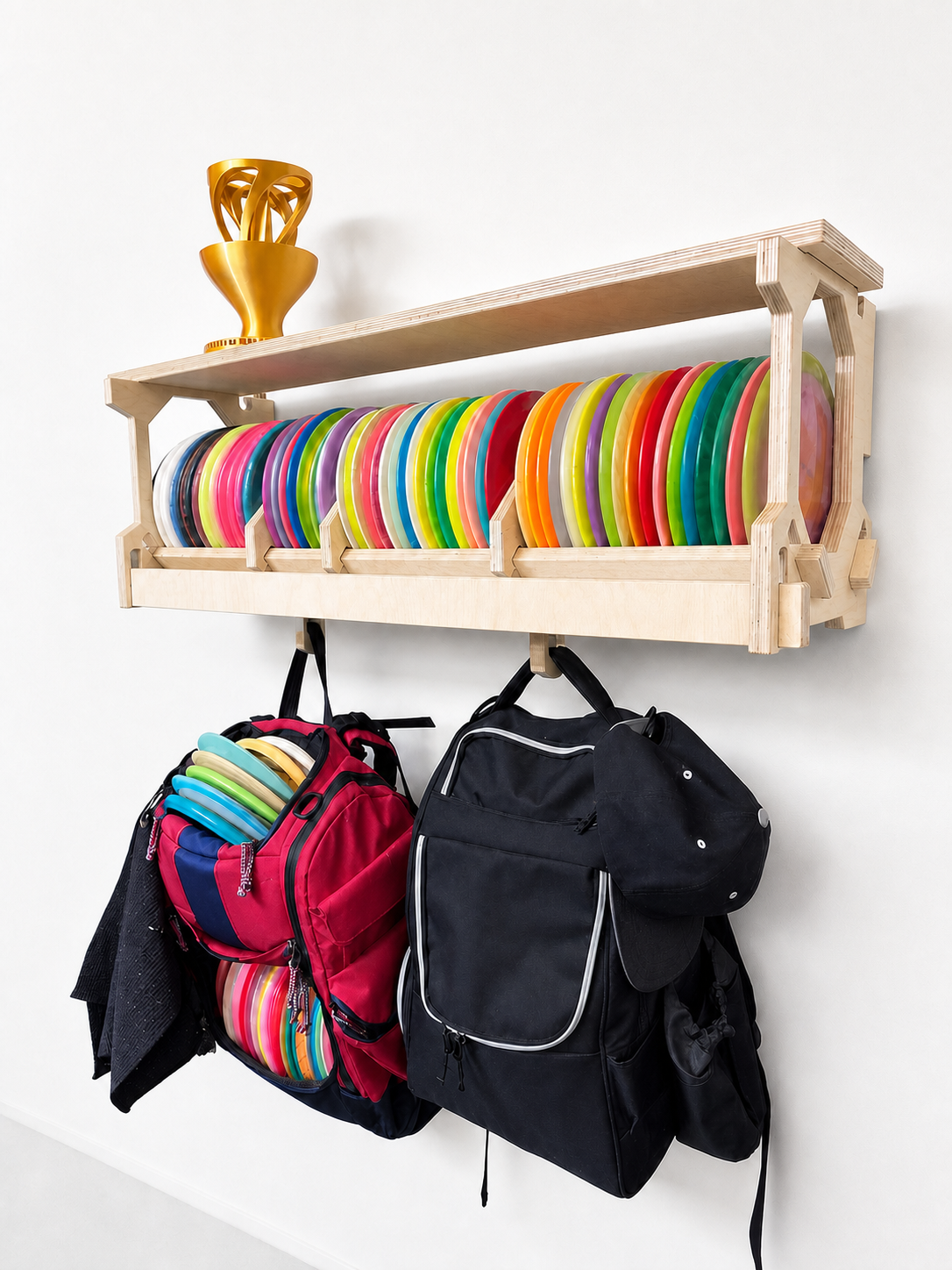 Wide Wall-Mounted Disc Golf Storage Rack with Shelf and Bag Hooks, Holds 50–60 Discs