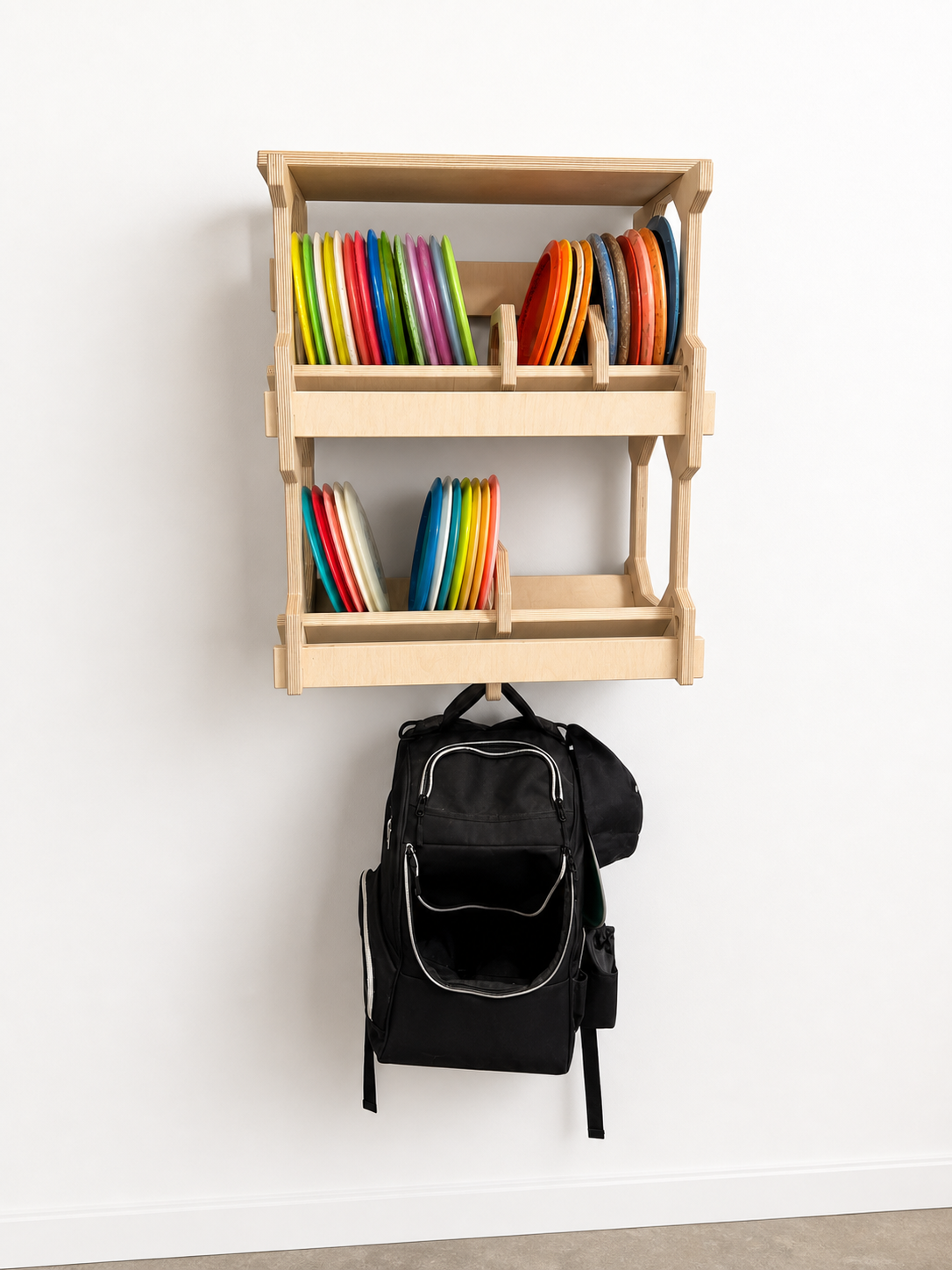 Slim Wall-Mounted Disc Golf Storage Rack with Shelf and Bag Hook