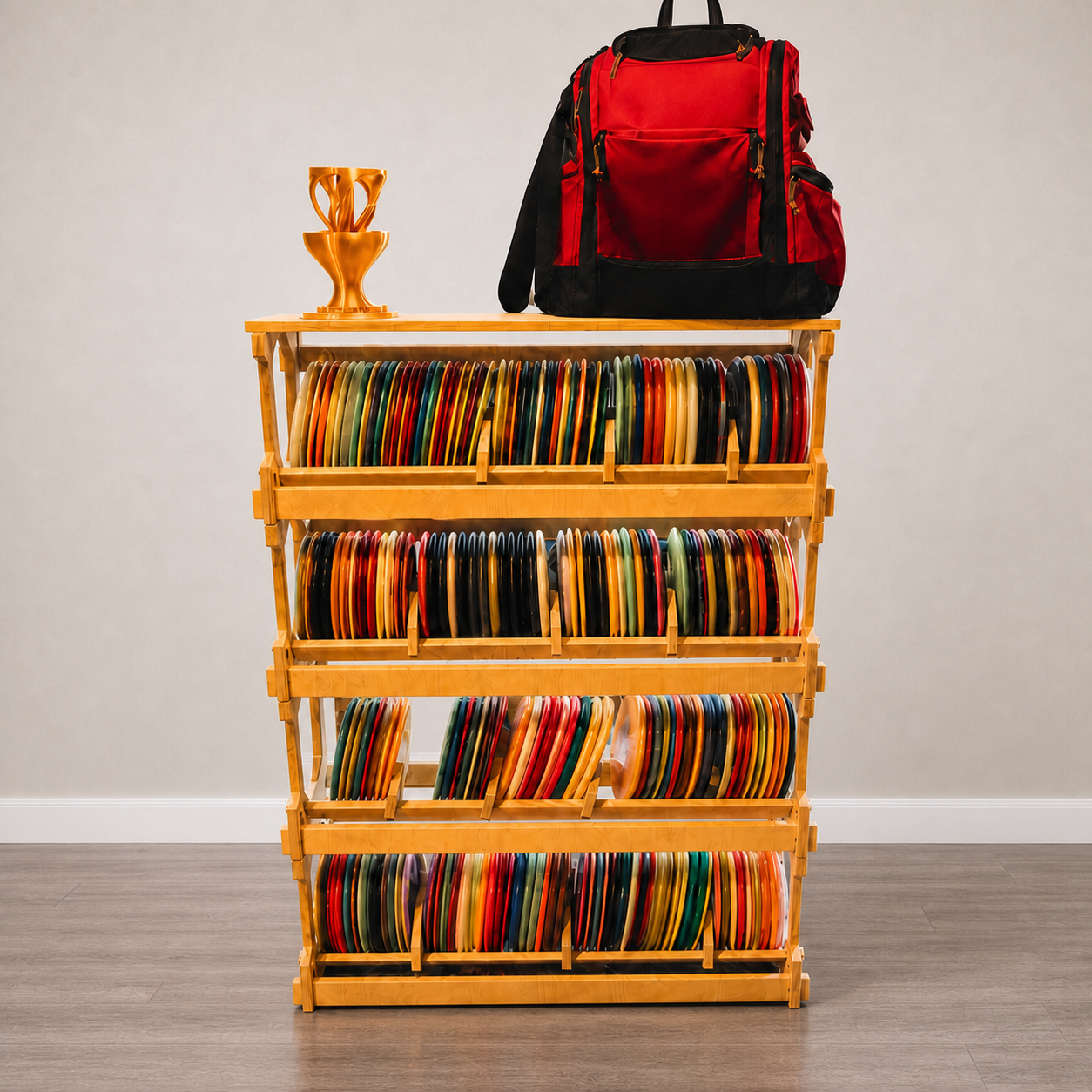 Four-Pack Stackable Disc Golf Storage Rack System with Top Shelf