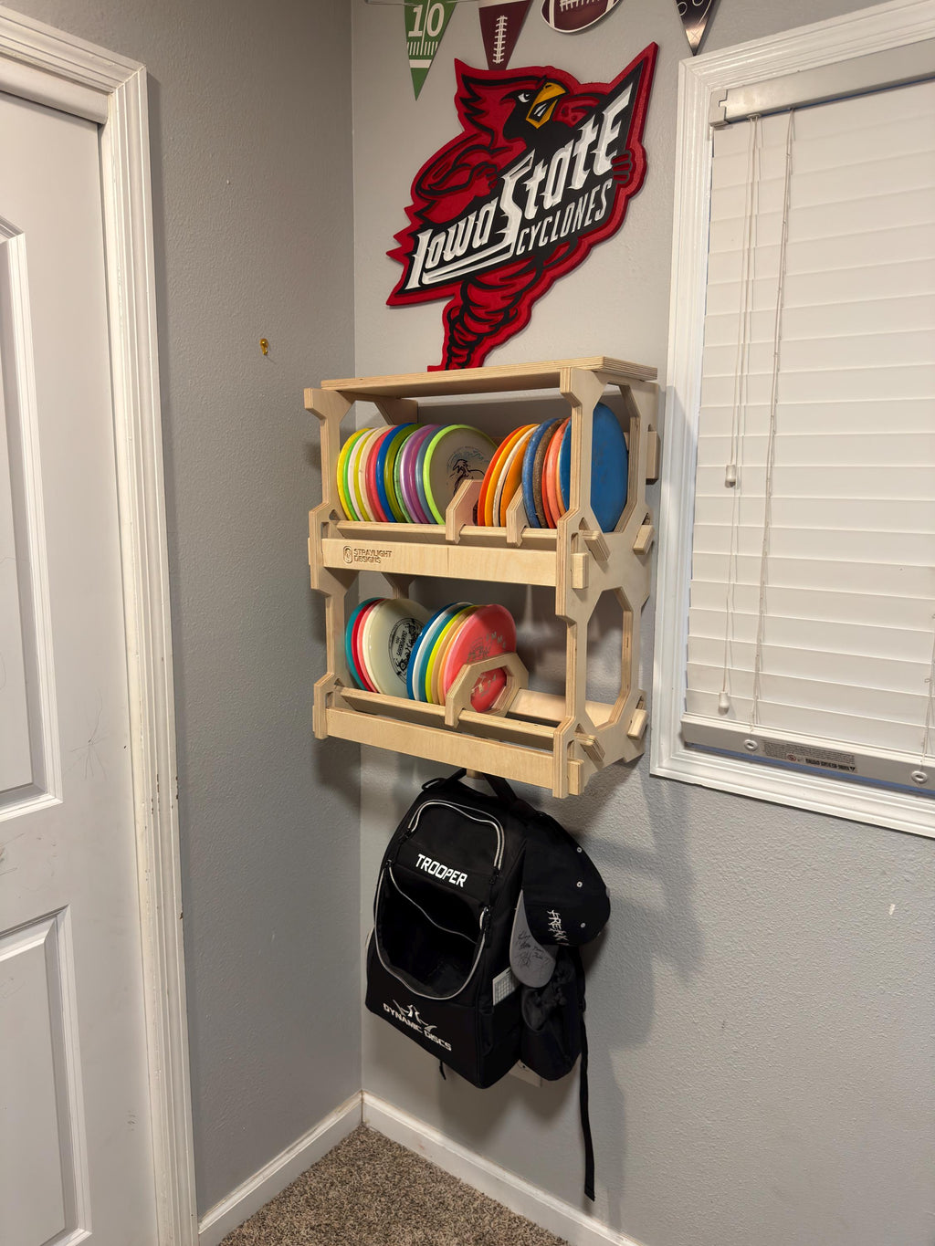 Slim Wall-Mounted Disc Golf Storage Rack with Shelf and Bag Hook