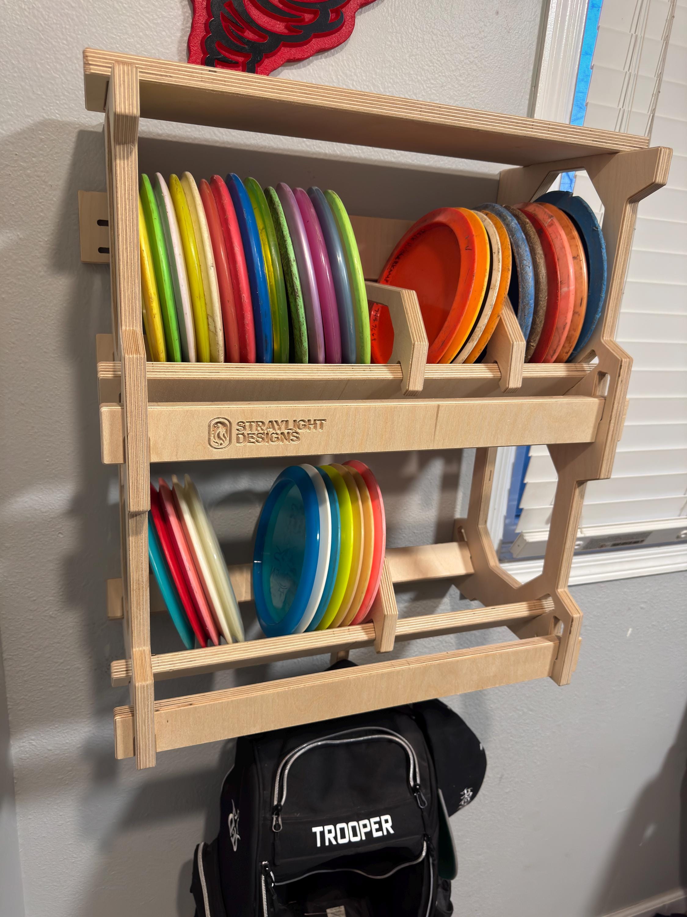 Slim Wall-Mounted Disc Golf Storage Rack with Shelf and Bag Hook
