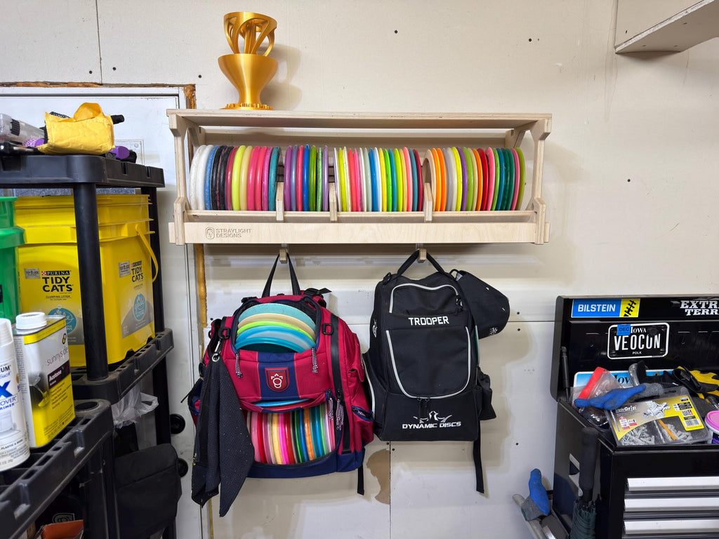 Wide Wall-Mounted Disc Golf Storage Rack with Shelf and Bag Hooks, Holds 50–60 Discs