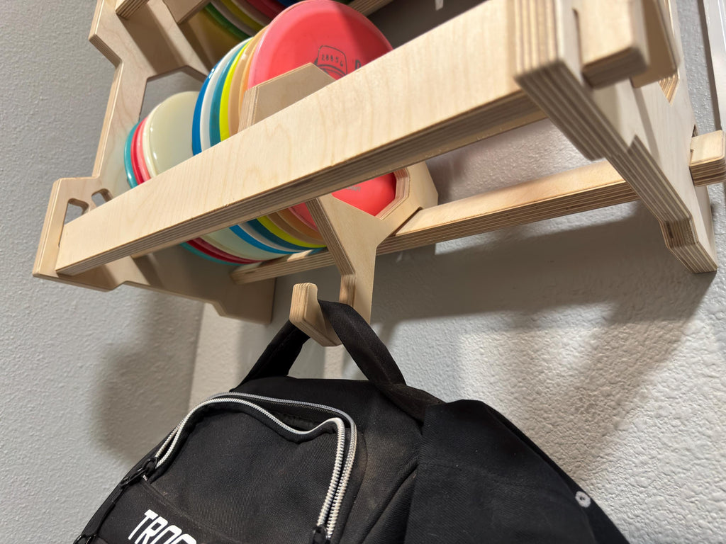 Slim Wall-Mounted Disc Golf Storage Rack with Shelf and Bag Hook