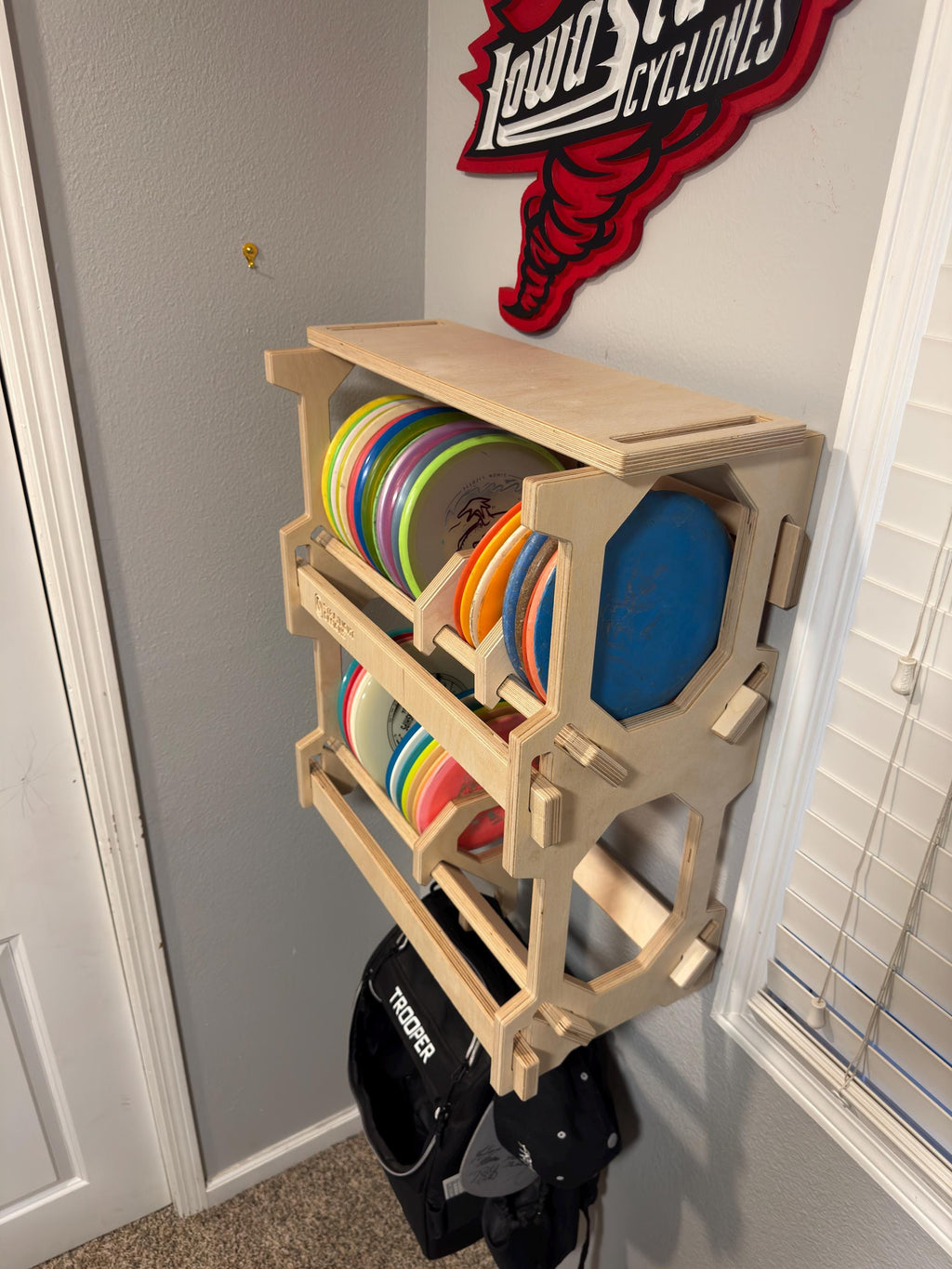 Slim Wall-Mounted Disc Golf Storage Rack with Shelf and Bag Hook