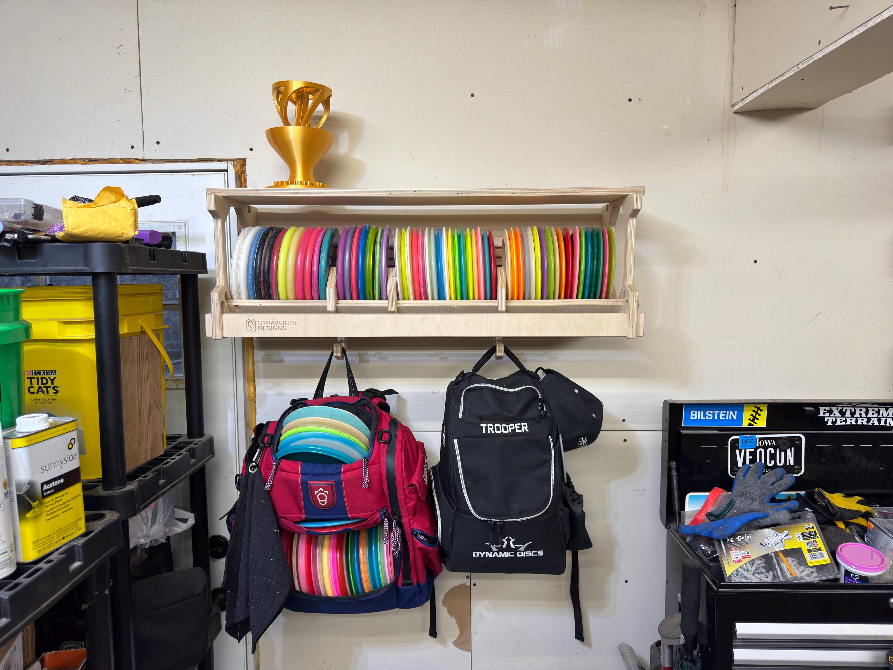 Wide Wall-Mounted Disc Golf Storage Rack with Shelf and Bag Hooks, Holds 50–60 Discs