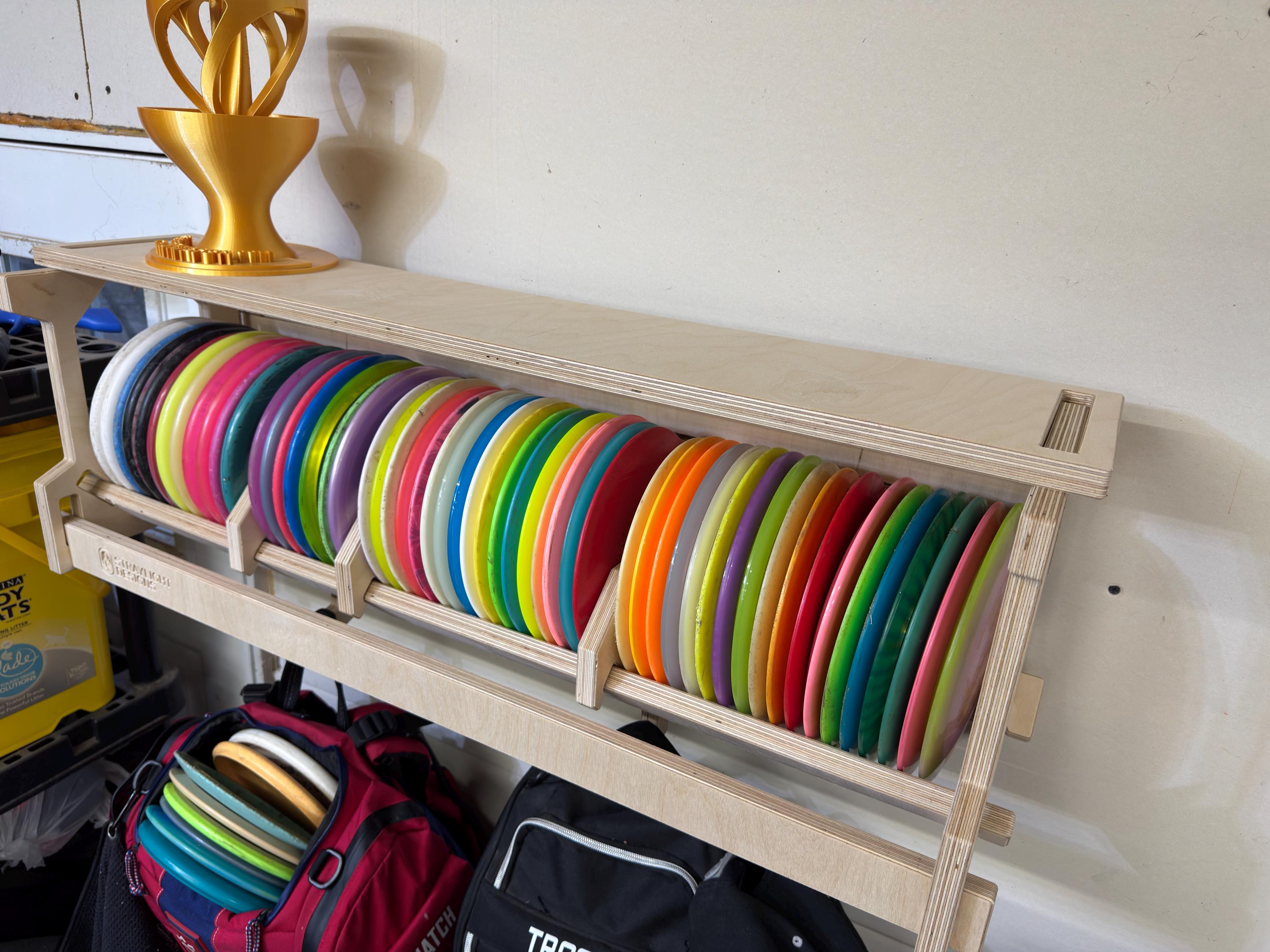 Wide Wall-Mounted Disc Golf Storage Rack with Shelf and Bag Hooks, Holds 50–60 Discs