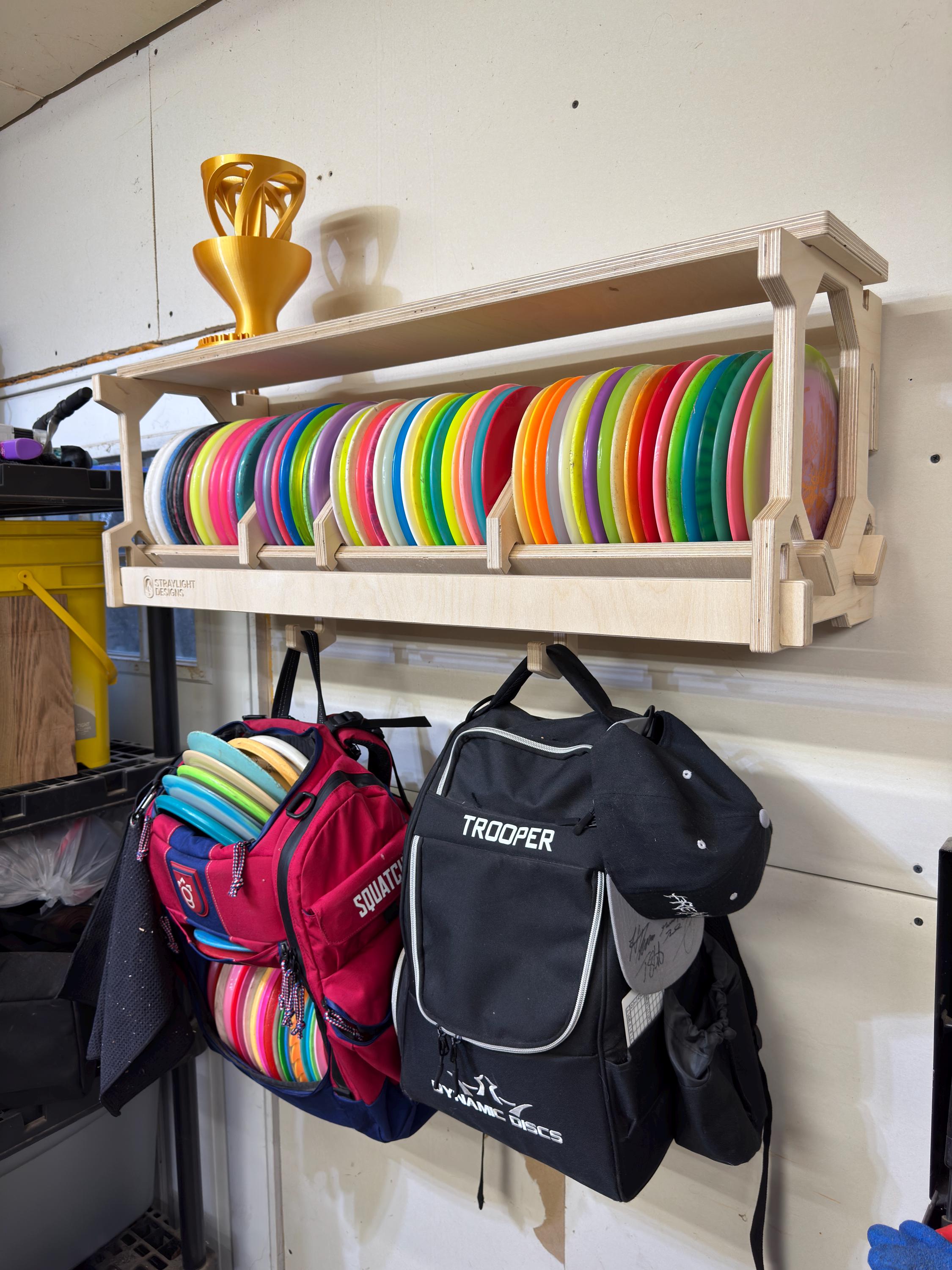 Wide Wall-Mounted Disc Golf Storage Rack with Shelf and Bag Hooks, Holds 50–60 Discs