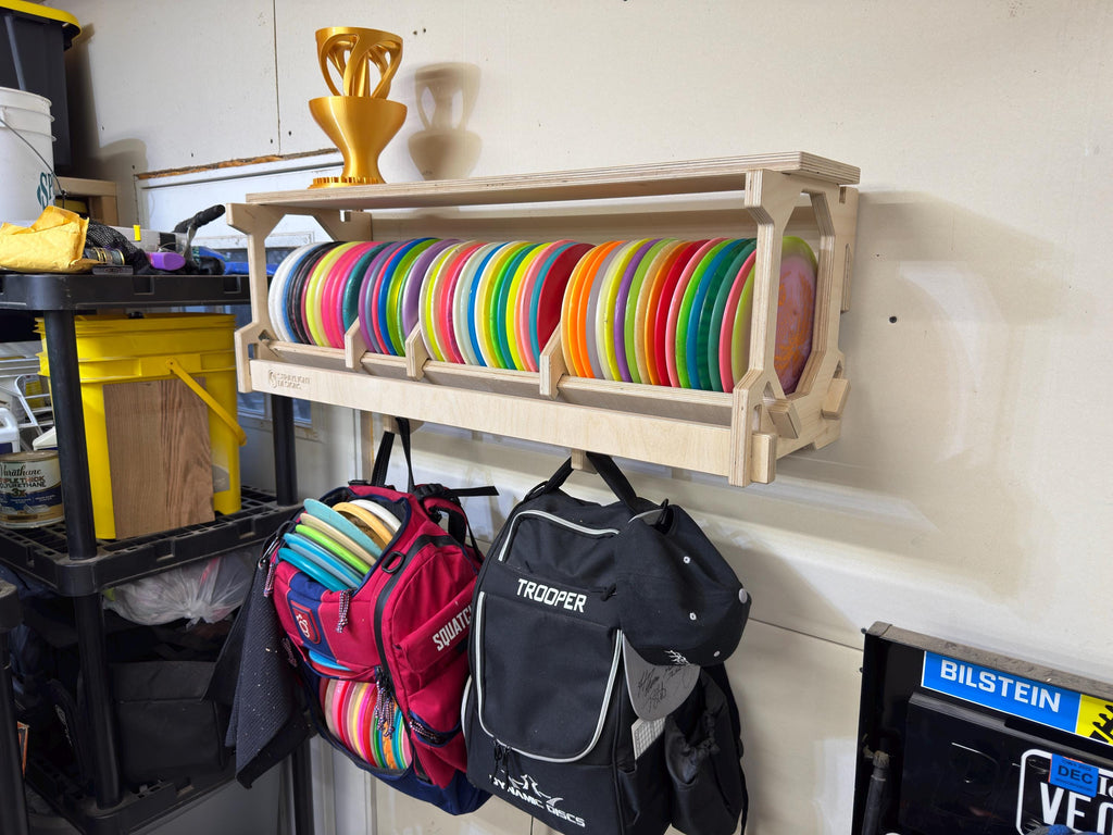 Wide Wall-Mounted Disc Golf Storage Rack with Shelf and Bag Hooks, Holds 50–60 Discs