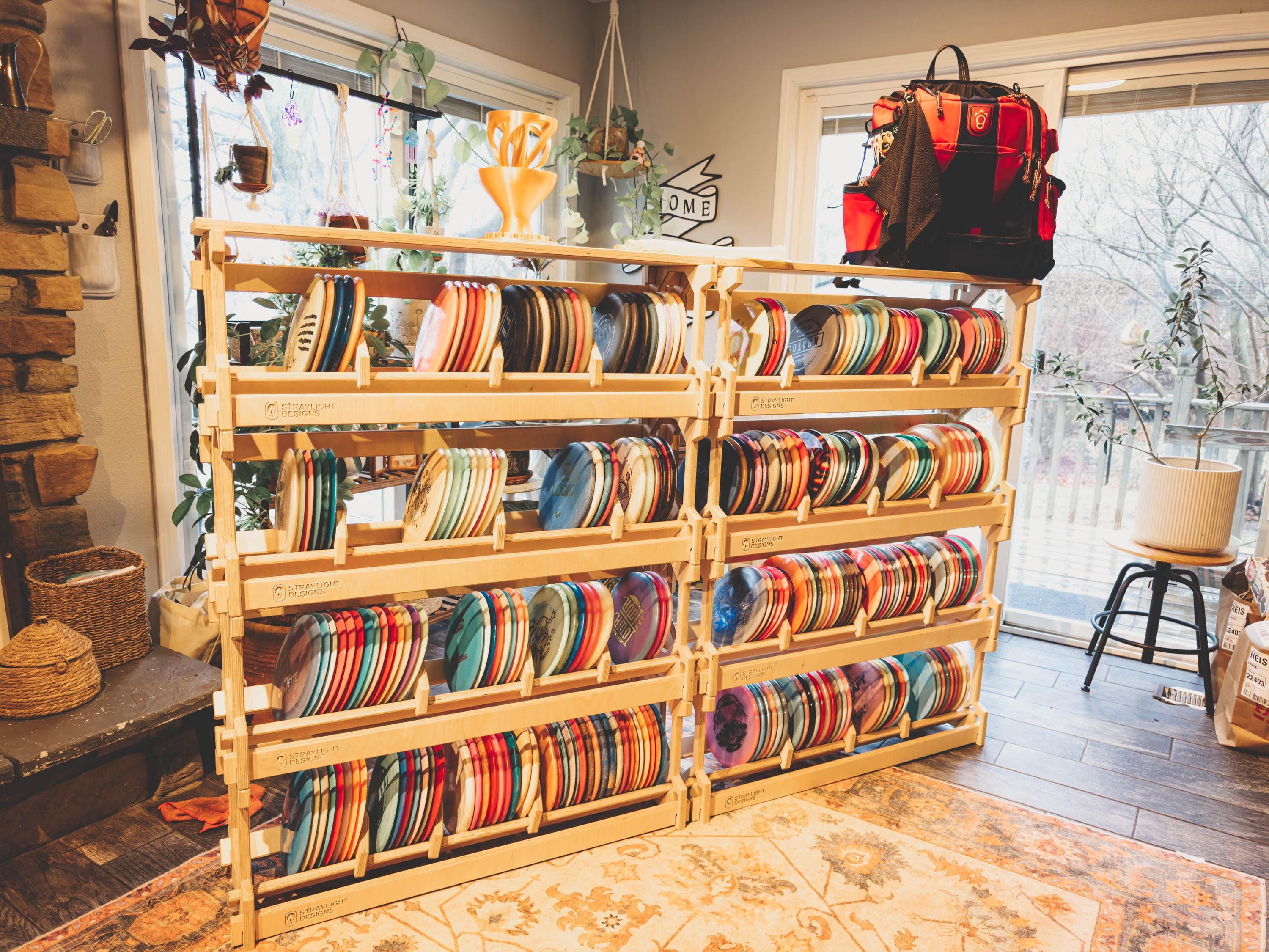 Four-Pack Stackable Disc Golf Storage Rack System with Top Shelf
