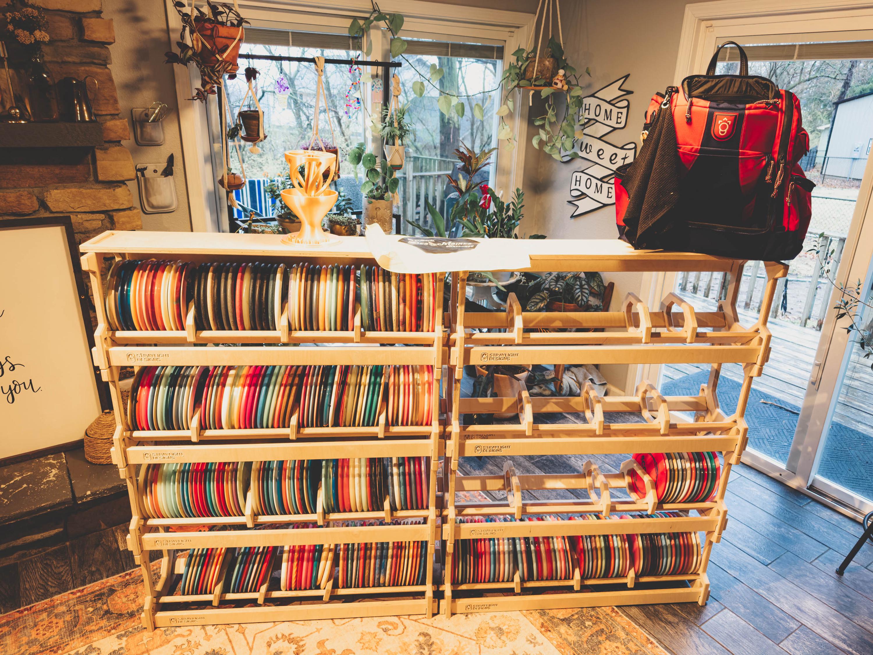 Four-Pack Stackable Disc Golf Storage Rack System with Top Shelf