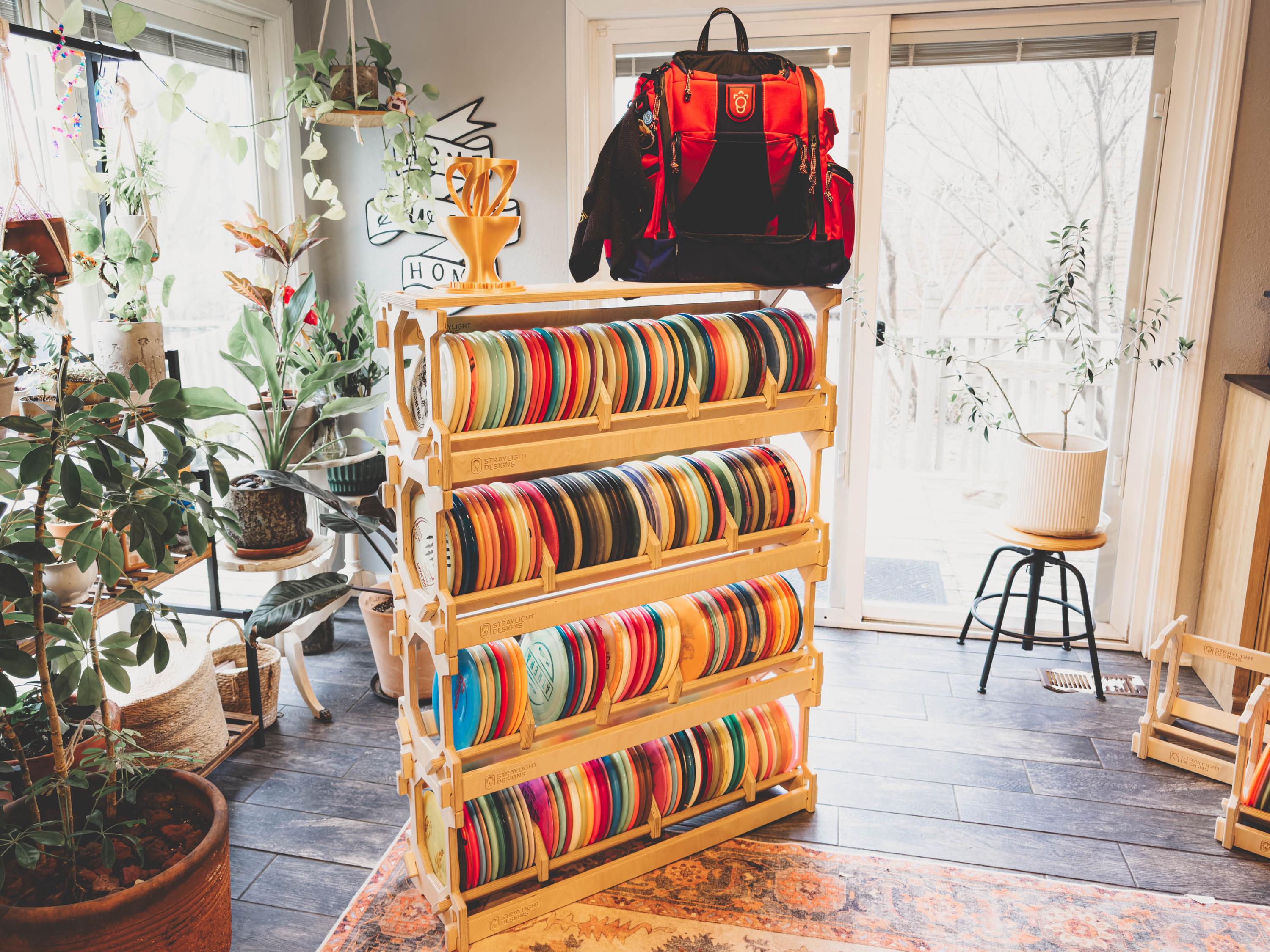 Four-Pack Stackable Disc Golf Storage Rack System with Top Shelf