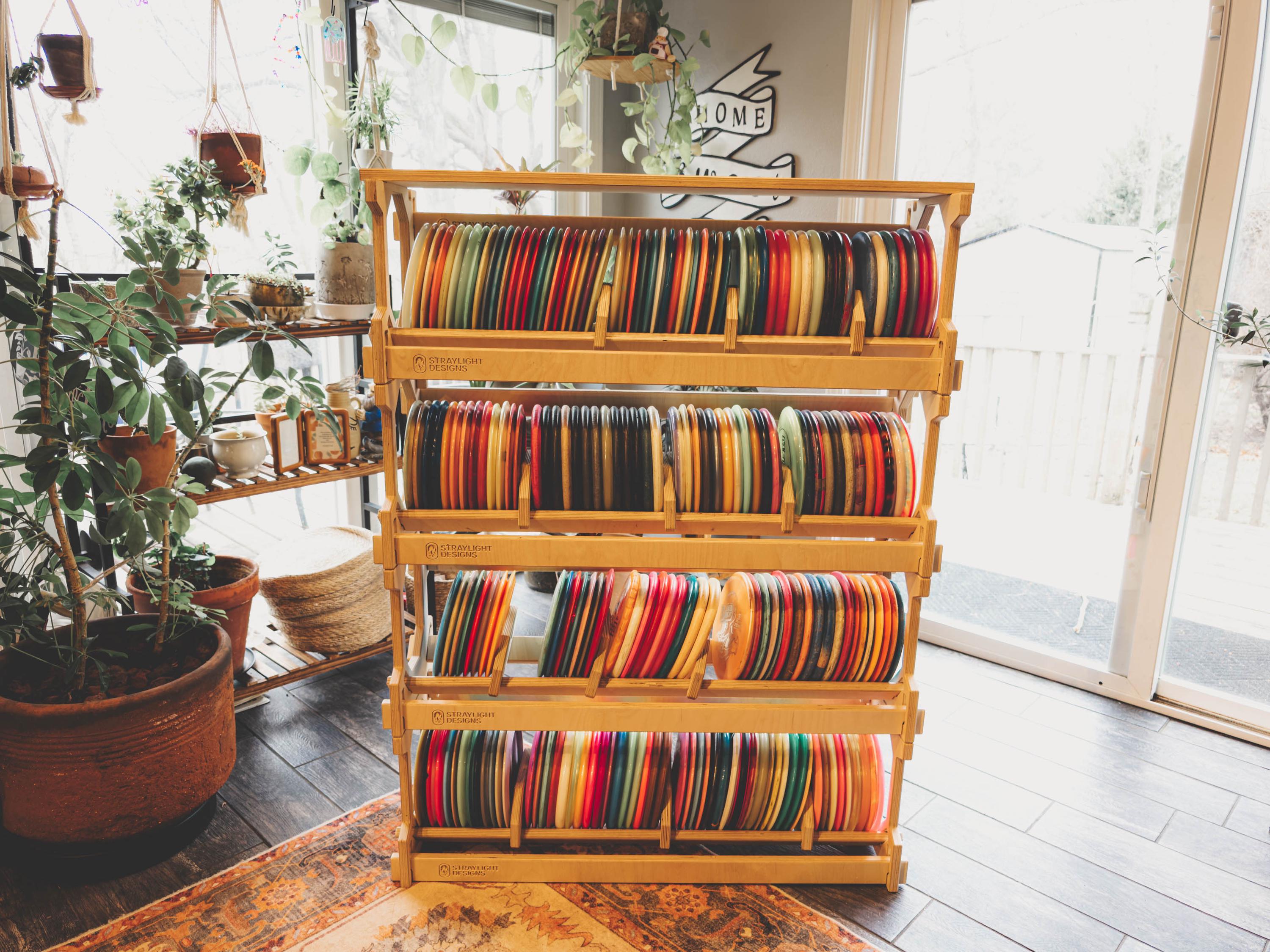 Four-Pack Stackable Disc Golf Storage Rack System with Top Shelf