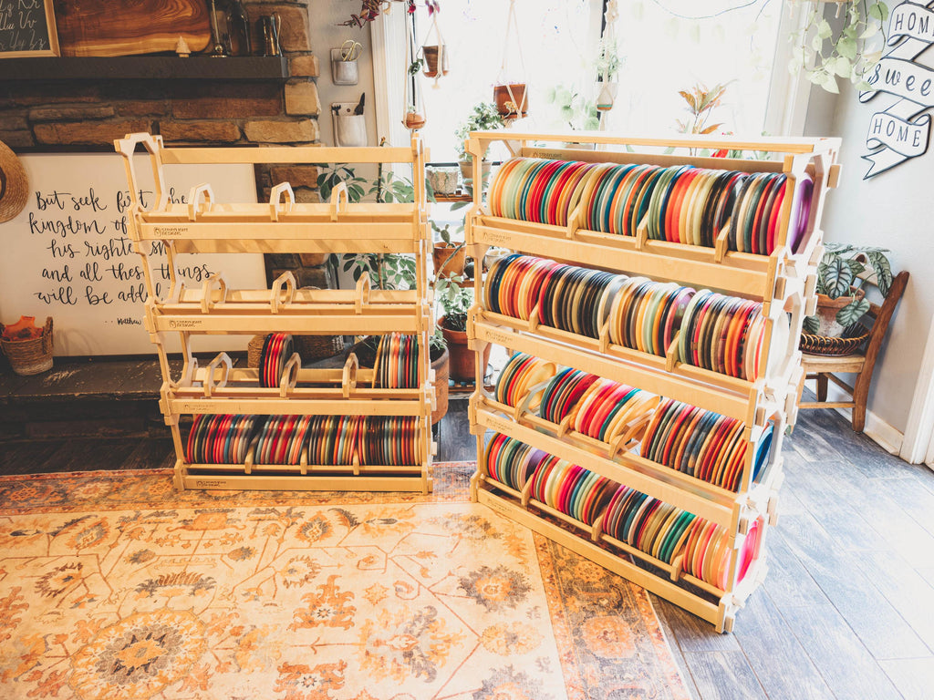 Four-Pack Stackable Disc Golf Storage Rack System with Top Shelf