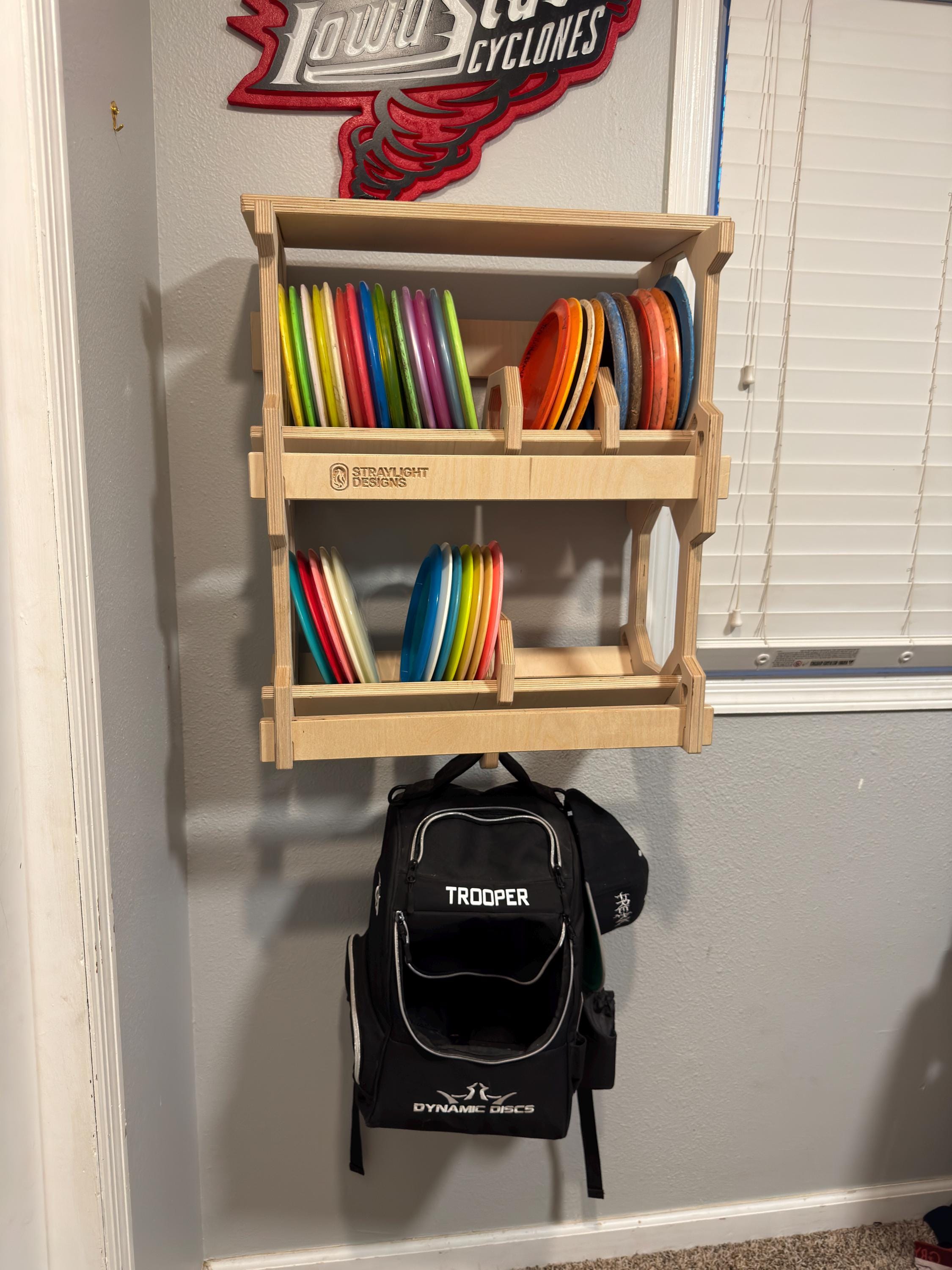 Slim Wall-Mounted Disc Golf Storage Rack with Shelf and Bag Hook